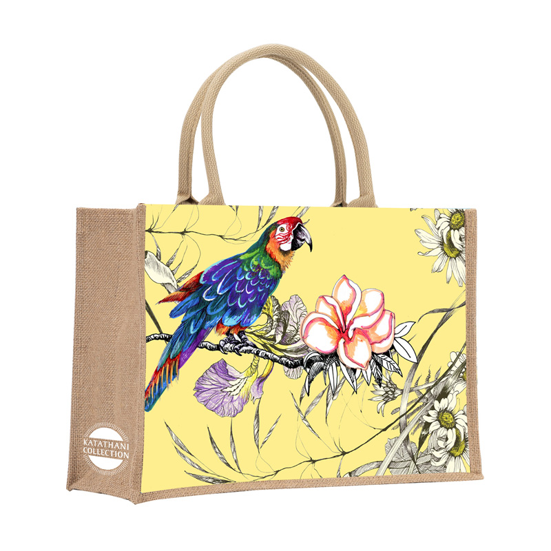 Floral Printed Large Natural Eco Friendly Coated Jute Tote Bag 